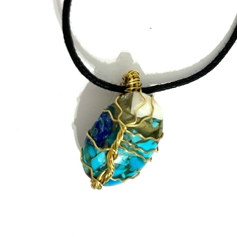 Turquoise Resin Tree Of Life Wire Wrapped Pendant Protective Energy Necklace